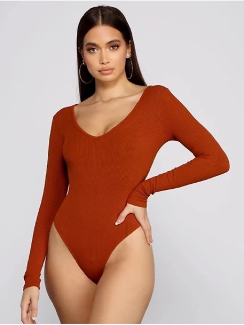 Abercrombie & Fitch  Long-Sleeve V-Neck Bodysuit - Rust